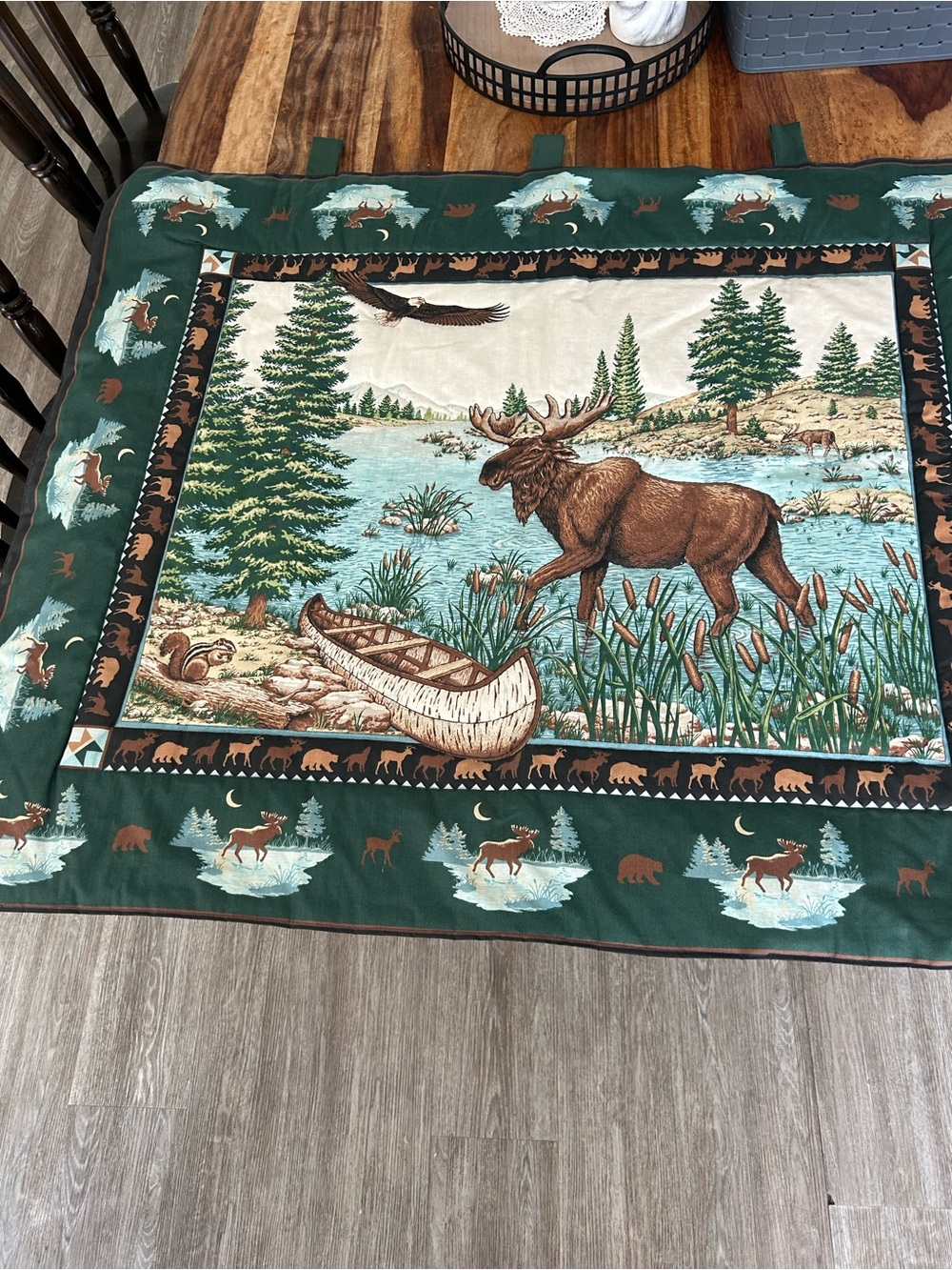 Woodland Moose Scenic Tapestry Quilt Window Panel in Green 42”x34”